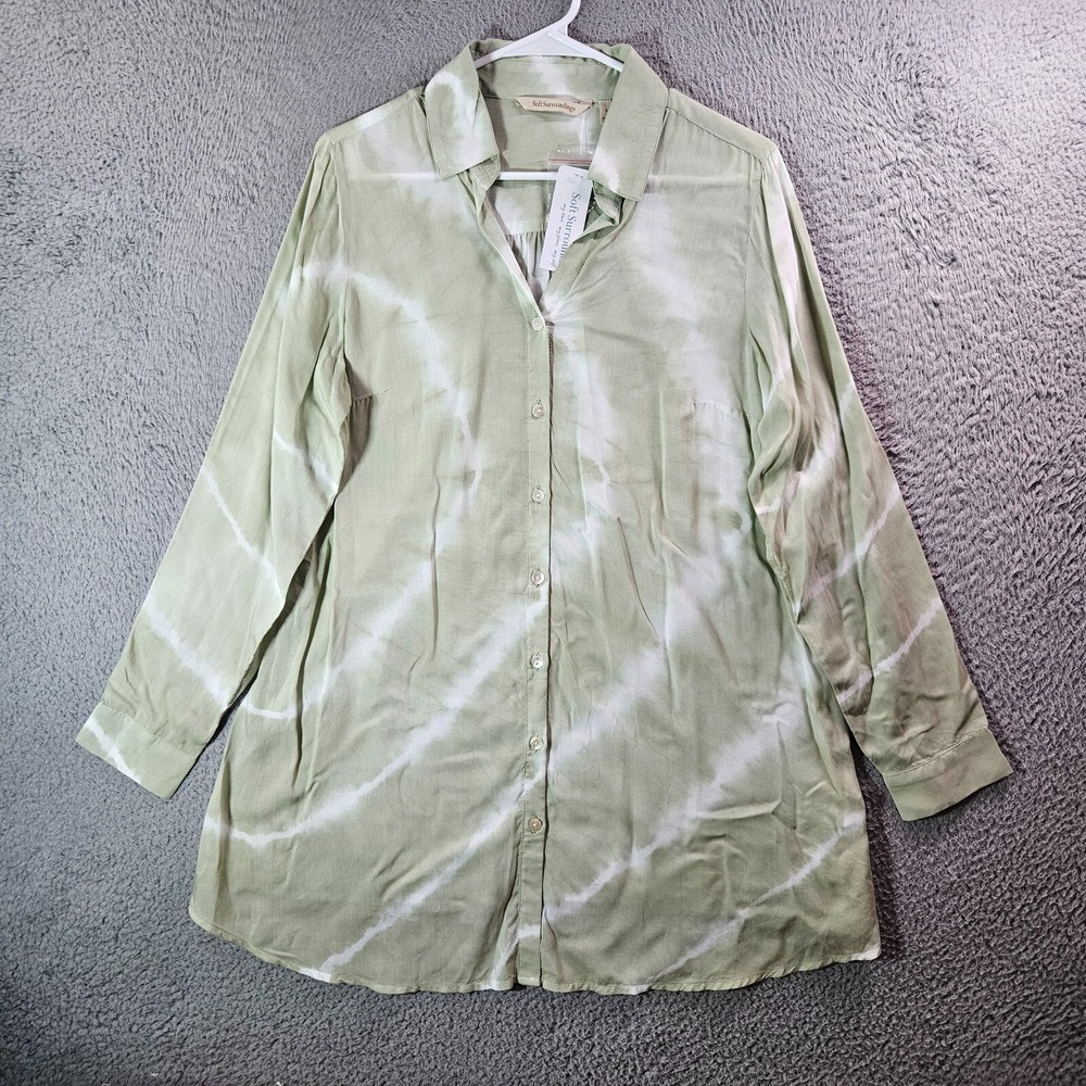 NEW‎ Soft Surroundings Tunic Top Blouse Women Small Button Up Long Sleeve Green
